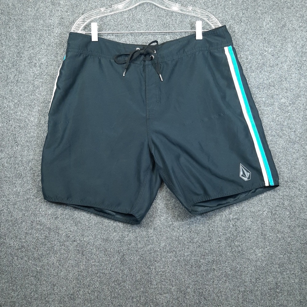 Volcom Board Shorts 36 Black Striped Mens Surf Swim Trunks